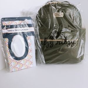 BUNDLE - Itzy Ritzy Olive Mini Backpack Diaper Bag and Travel Wipes Case